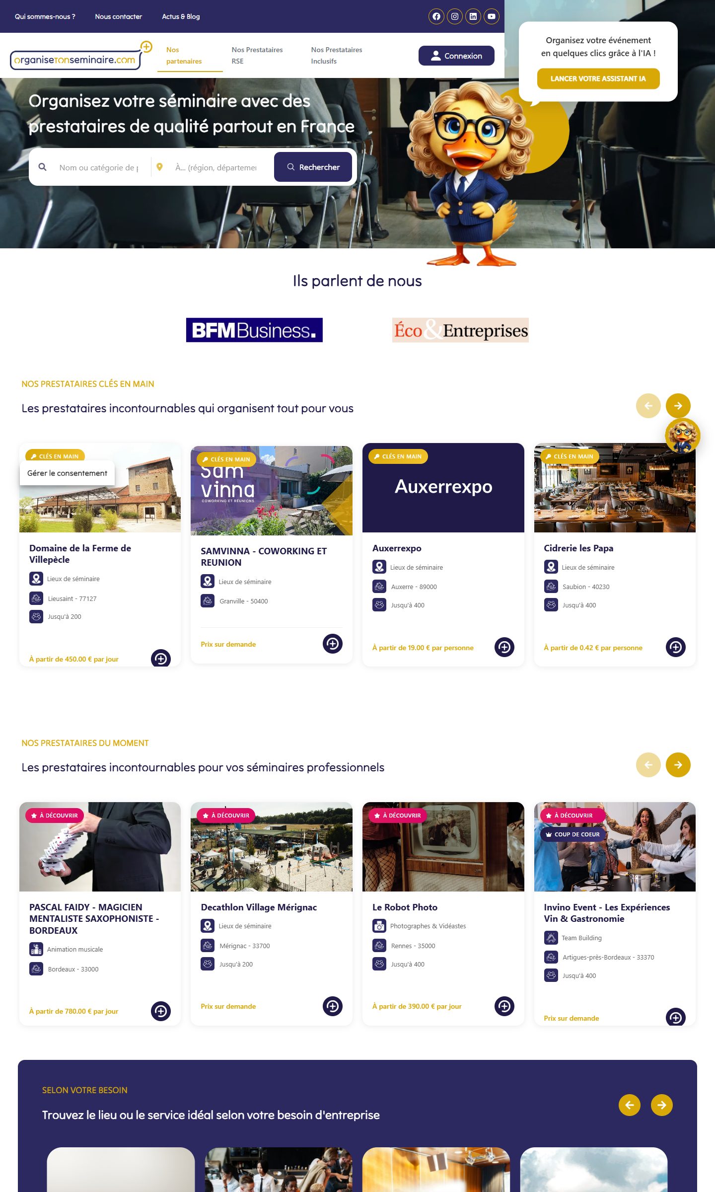 Page d’accueil du site Organise ton séminaire